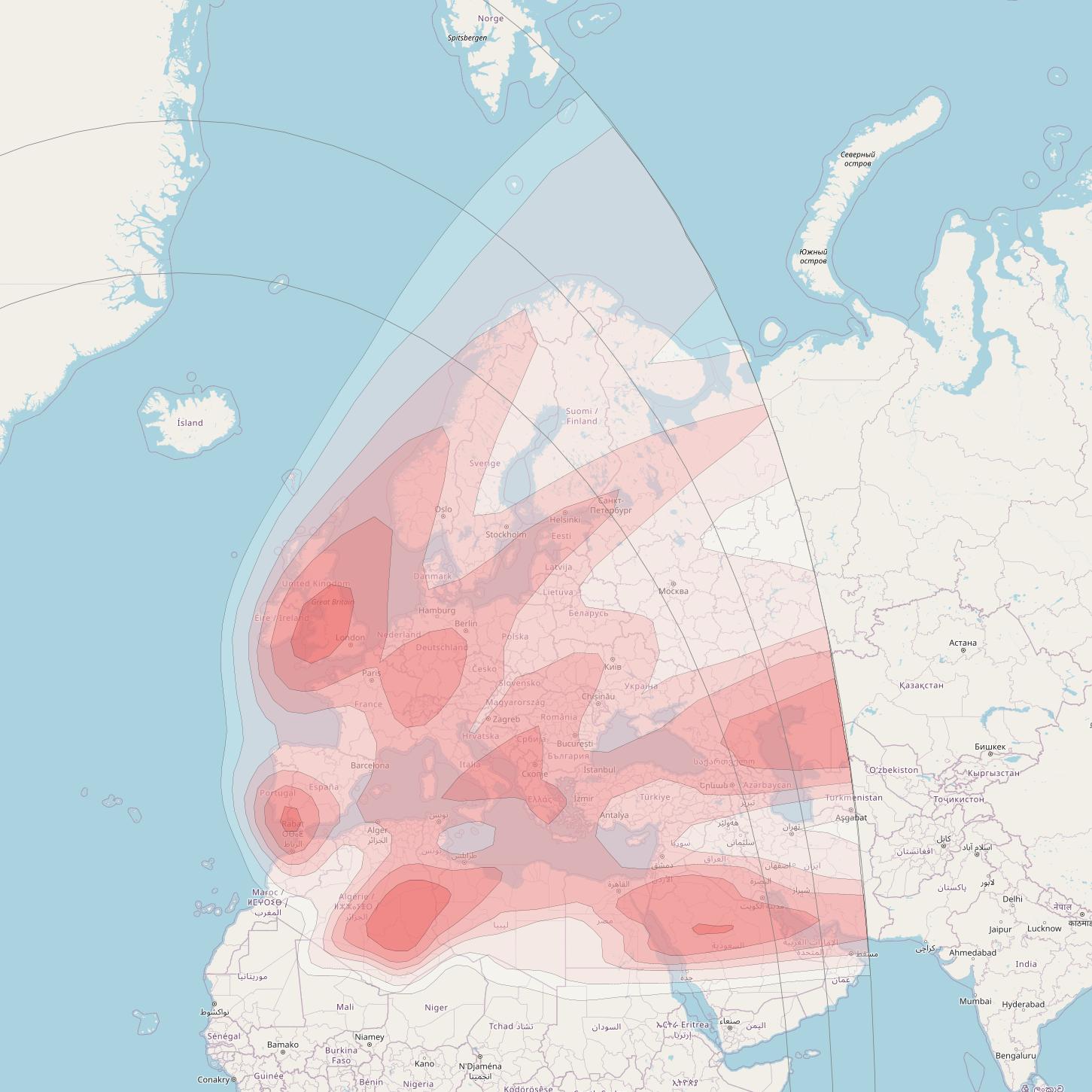 NSS 7 at 20° W downlink Ku-band Europe and Middle East Beam coverage map