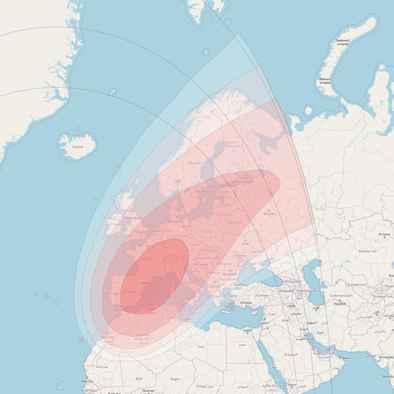 Intelsat 905 at 24° W downlink Ku-band Spot 2 Beam coverage map