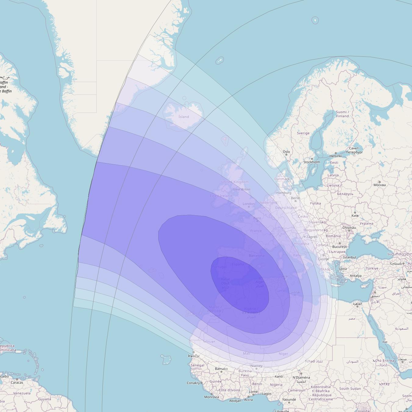 XTAR-EUR at 29° E downlink X-band Europe beam coverage map