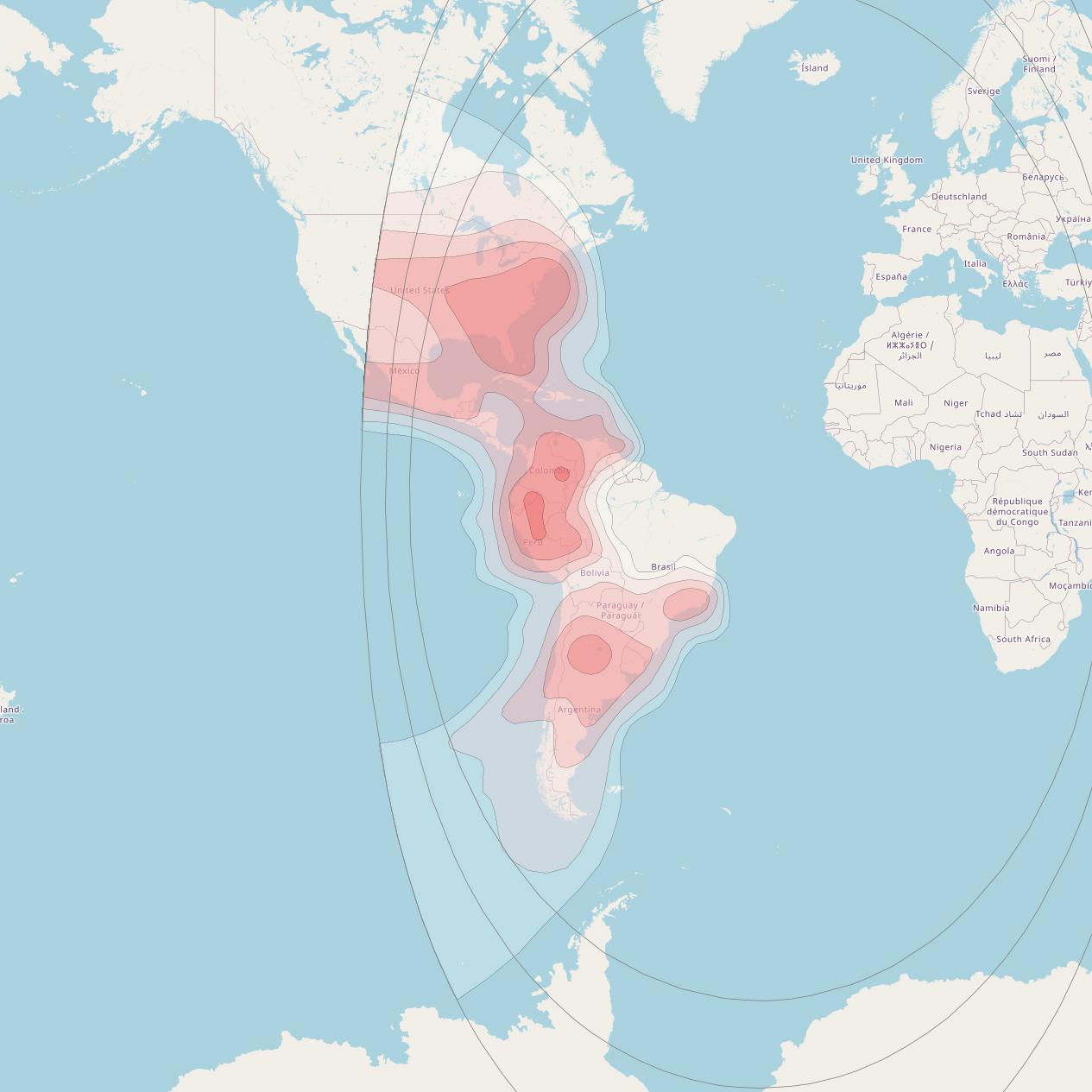 Hispasat 30W-6 at 30° W downlink Ku-band Americas beam coverage map
