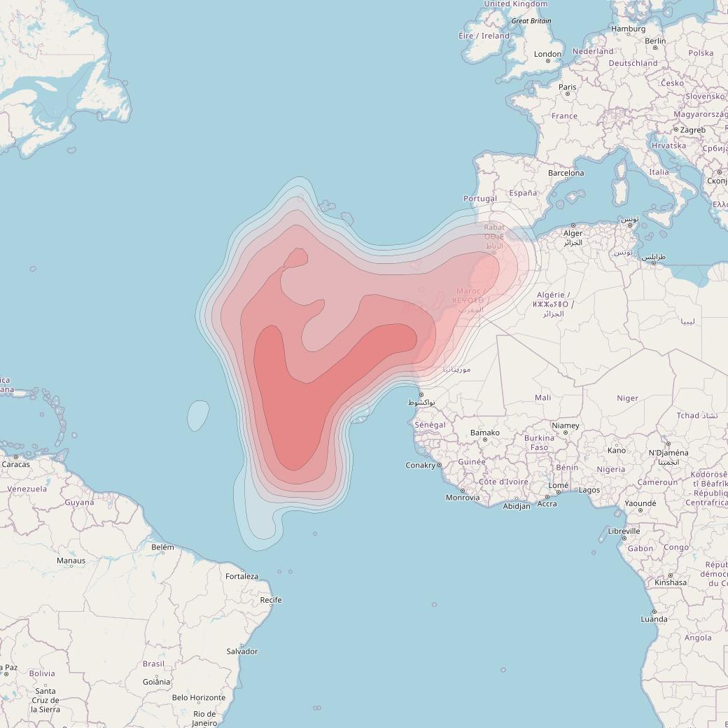 Intelsat 25 at 32° W downlink Ku-band Atlantic beam coverage map