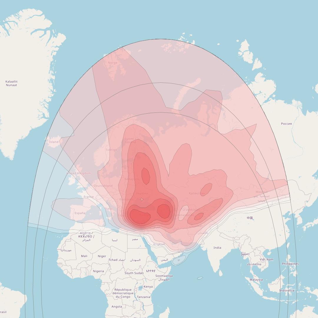 Azerspace 2 at 45° E downlink Ku-band Europe and Asia beam coverage map