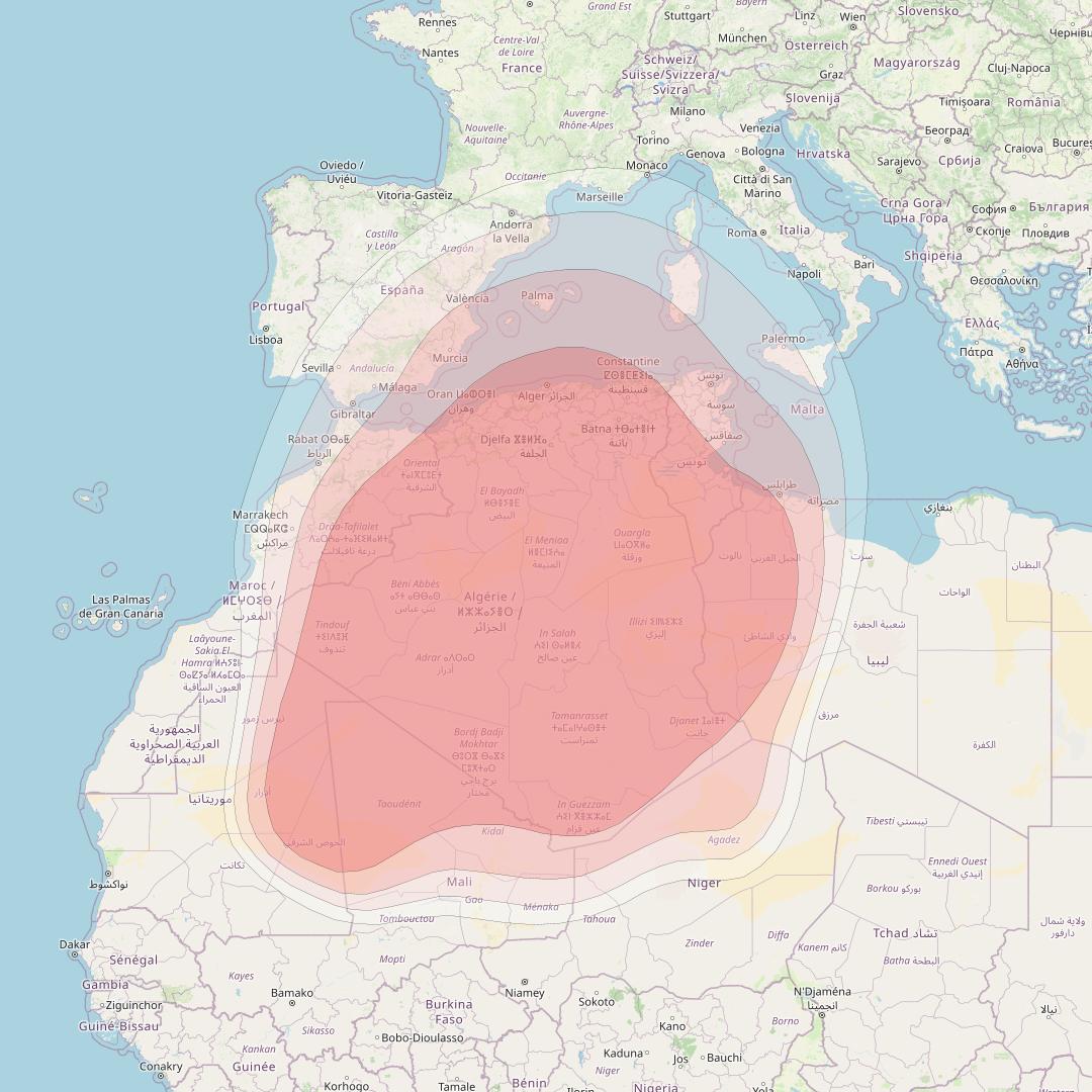 Eutelsat 5 West B at 5° W downlink Ku-band Algeria beam coverage map