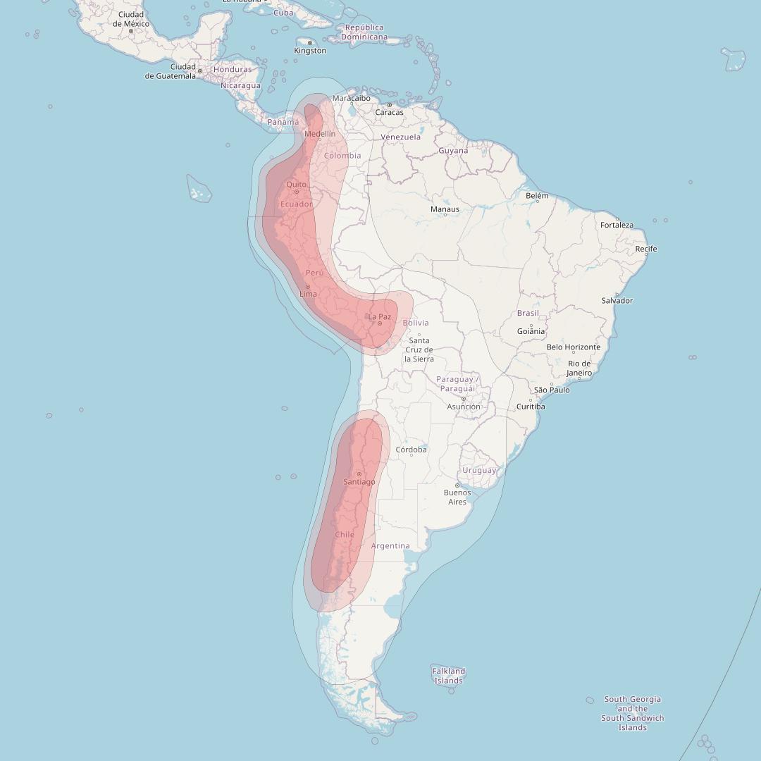 Star One D1 at 84° W downlink Ku-band West South America beam coverage map